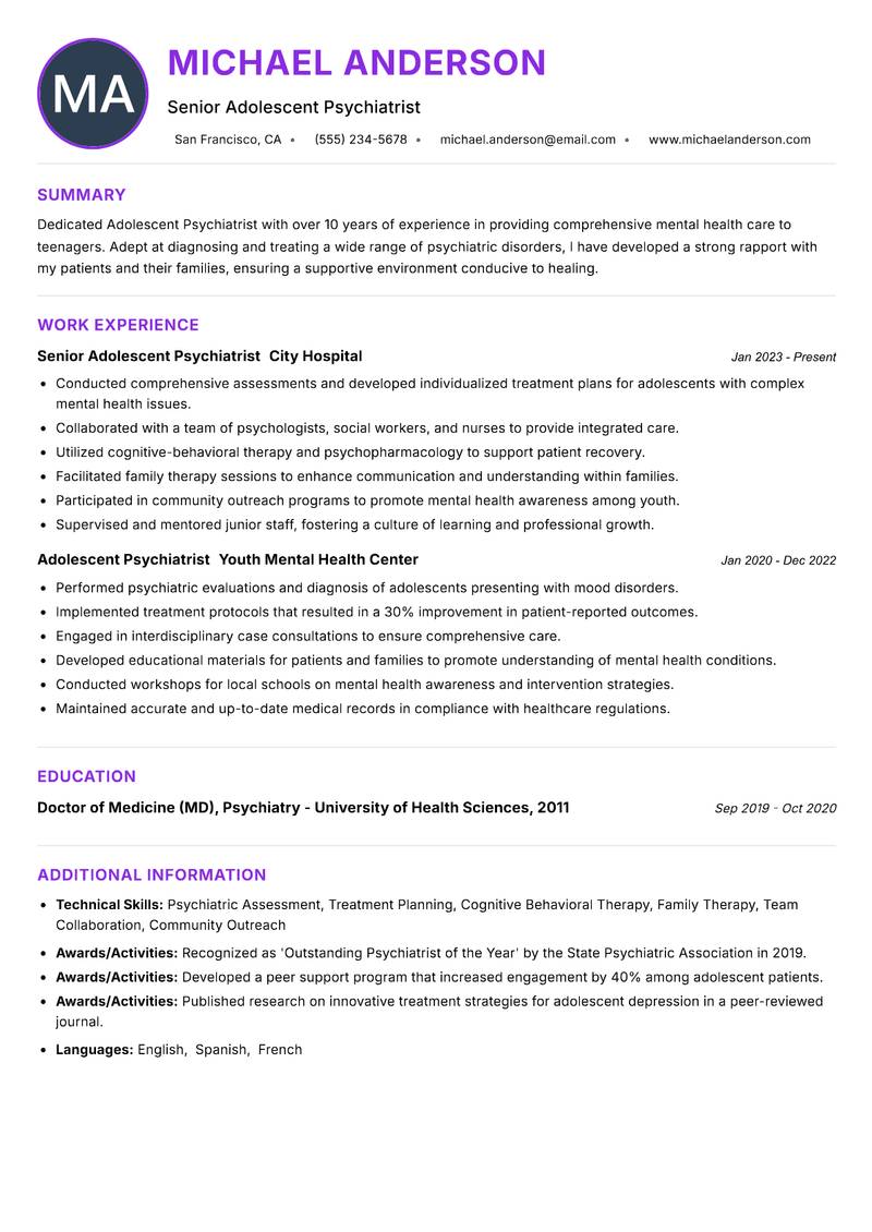 Adolescent Psychiatrist Resume Preview Example