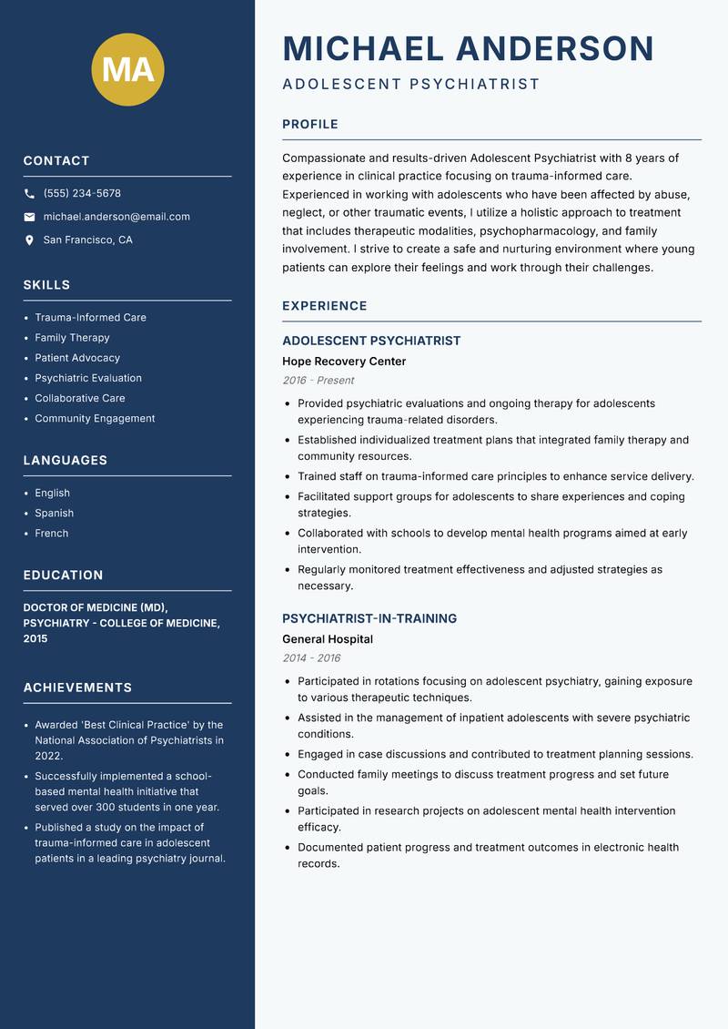 Adolescent Psychiatrist Resume Preview Example