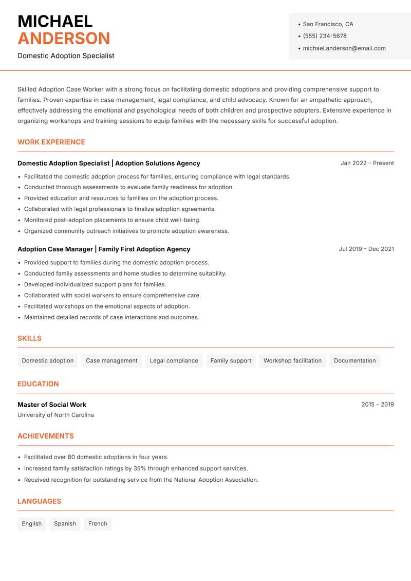 Adoption Case Worker Resume Template