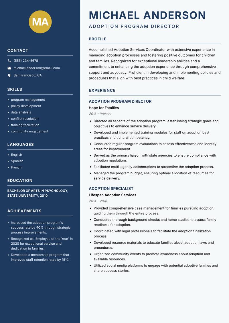 Adoption Services Coordinator Resume Preview Example