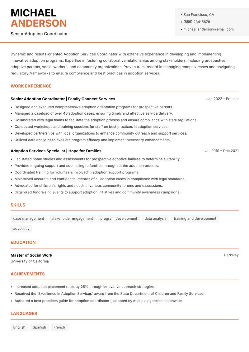 Adoption Services Coordinator Resume Template