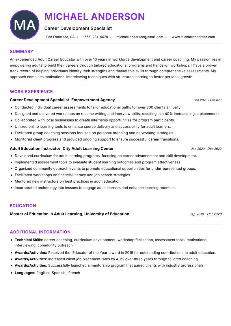 Adult Career Educator Resume Preview Example