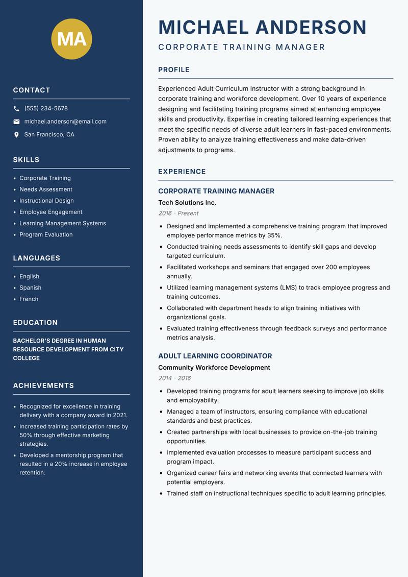 Adult Curriculum Instructor Resume Preview Example
