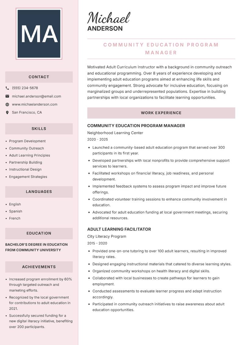 Adult Curriculum Instructor Resume Preview Example