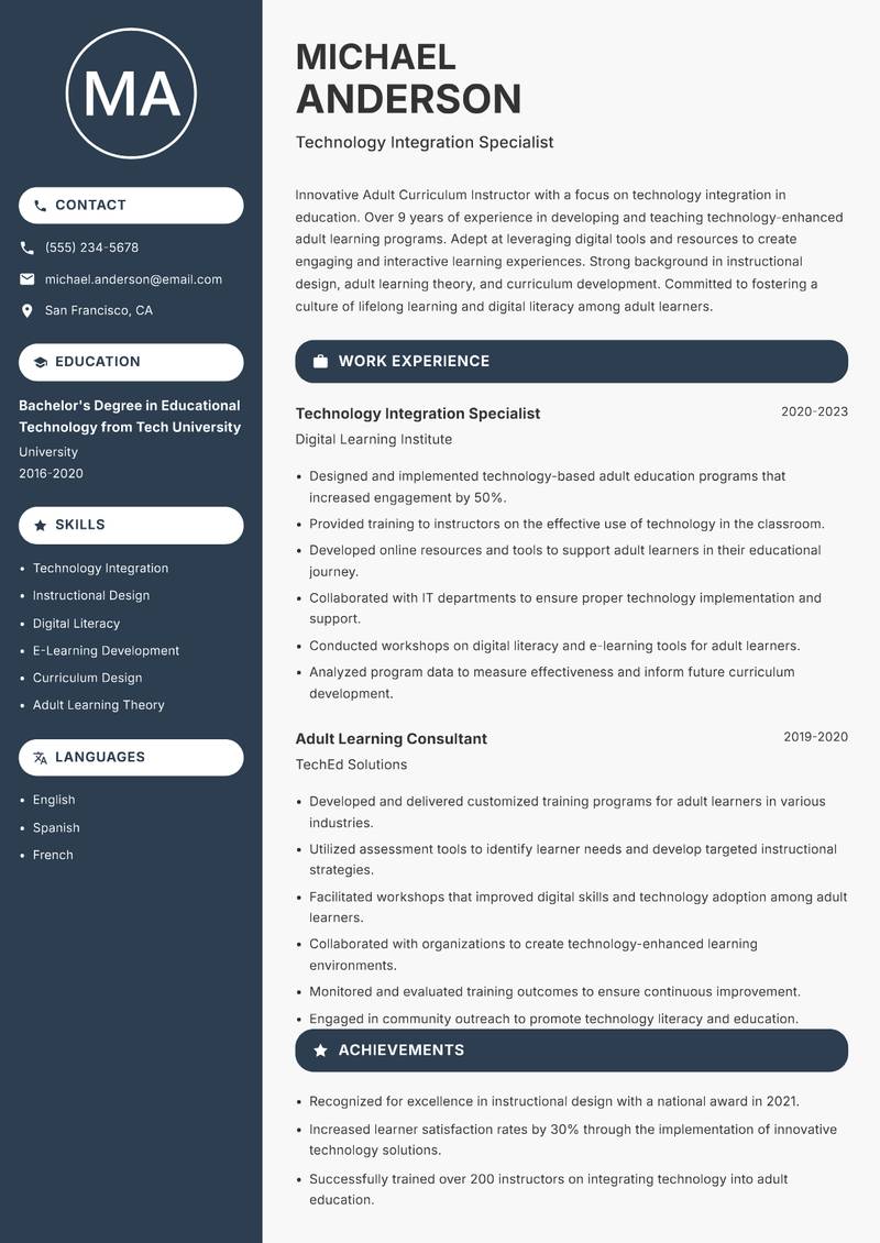 Adult Curriculum Instructor Resume Preview Example