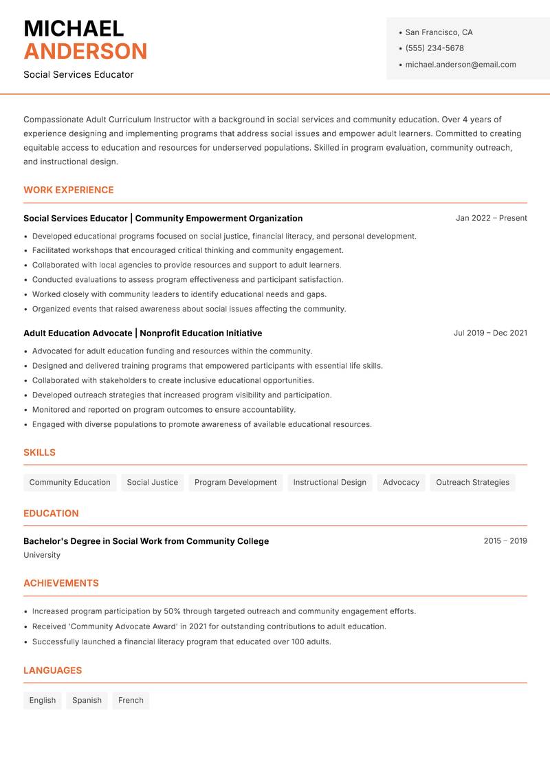 Adult Curriculum Instructor Resume Template