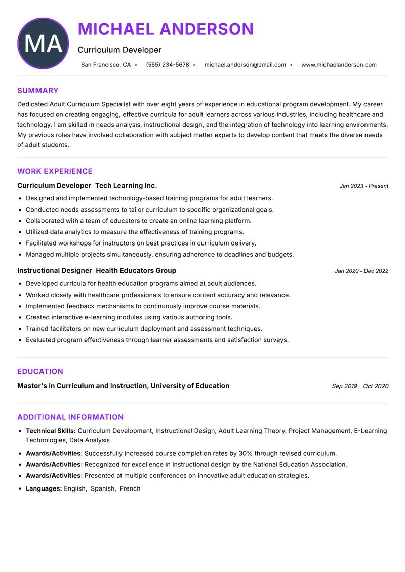 Adult Curriculum Specialist Resume Preview Example