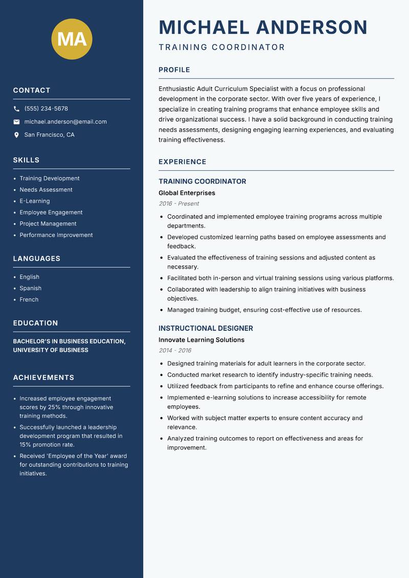 Adult Curriculum Specialist Resume Preview Example