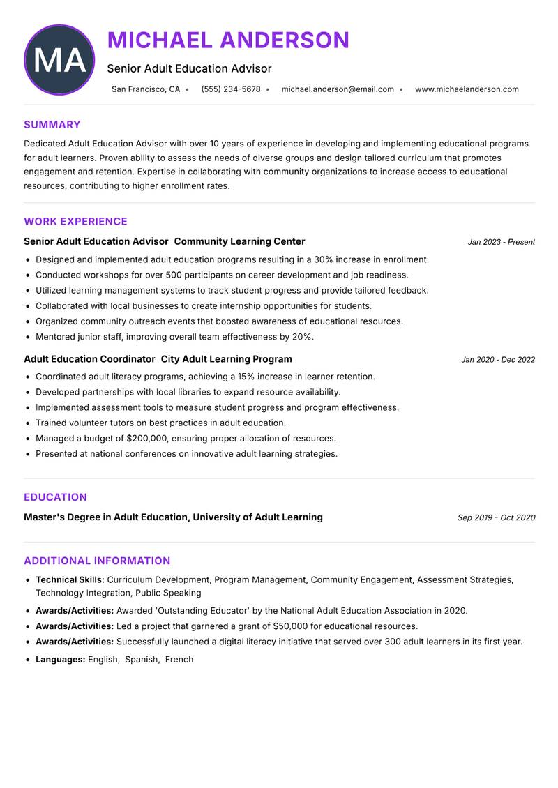 Adult Education Advisor Resume Preview Example