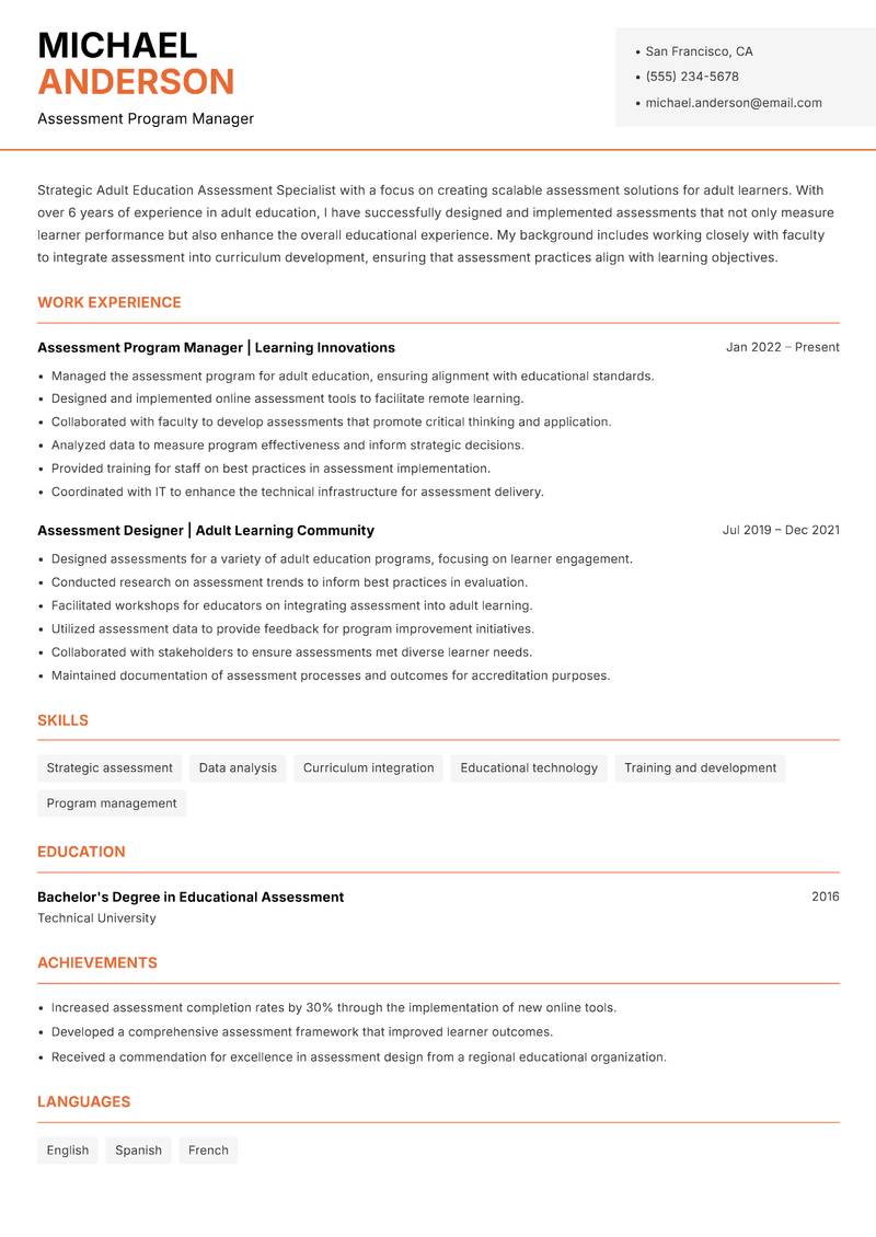 Adult Education Assessment Specialist Resume Template