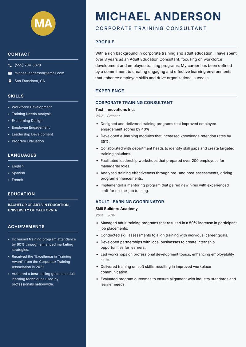 Adult Education Consultant Resume Preview Example