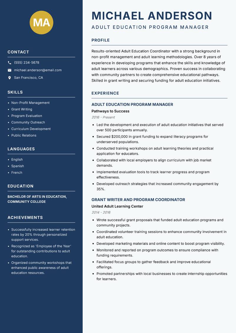 Adult Education Coordinator Resume Preview Example