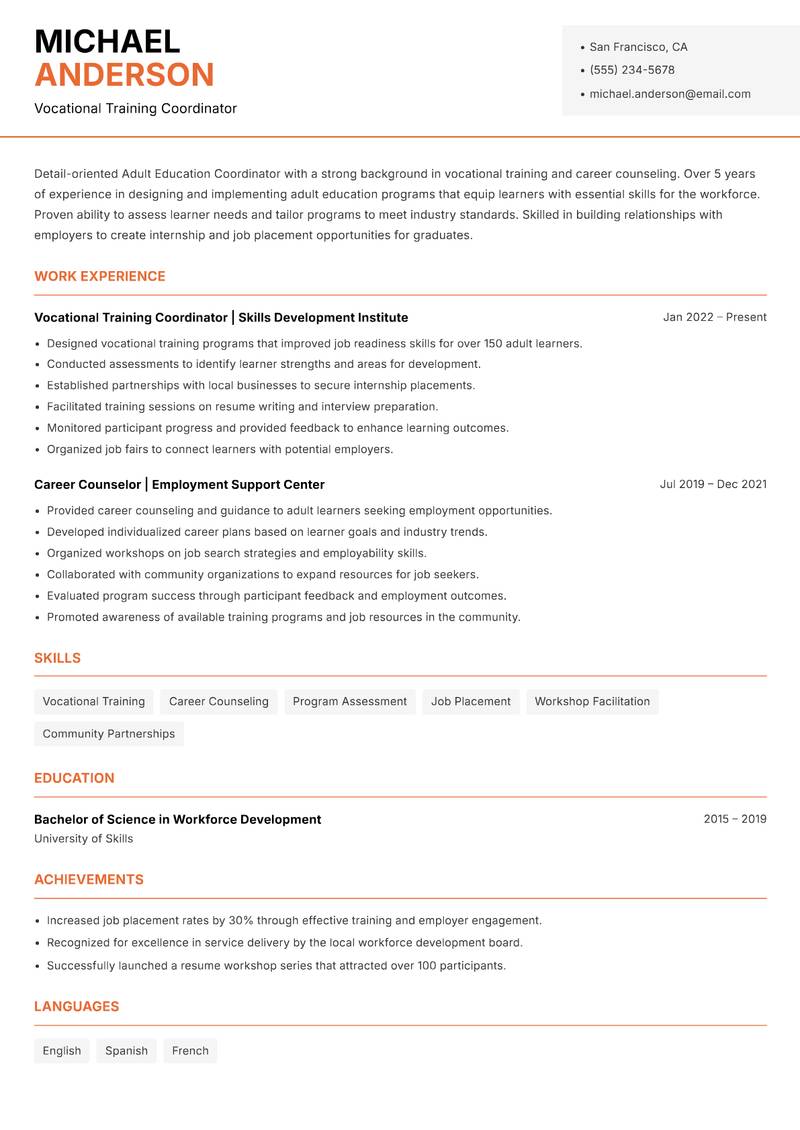 Adult Education Coordinator Resume Template