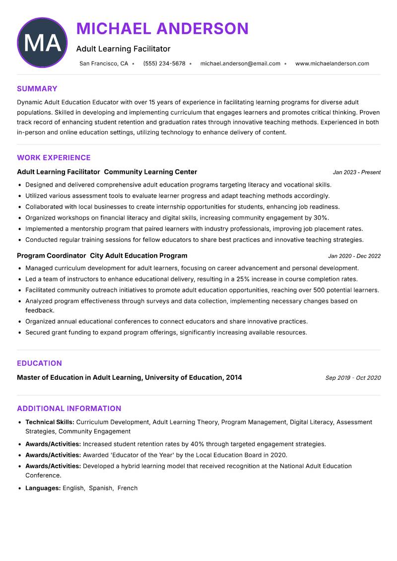 Adult Education Educator Resume Preview Example