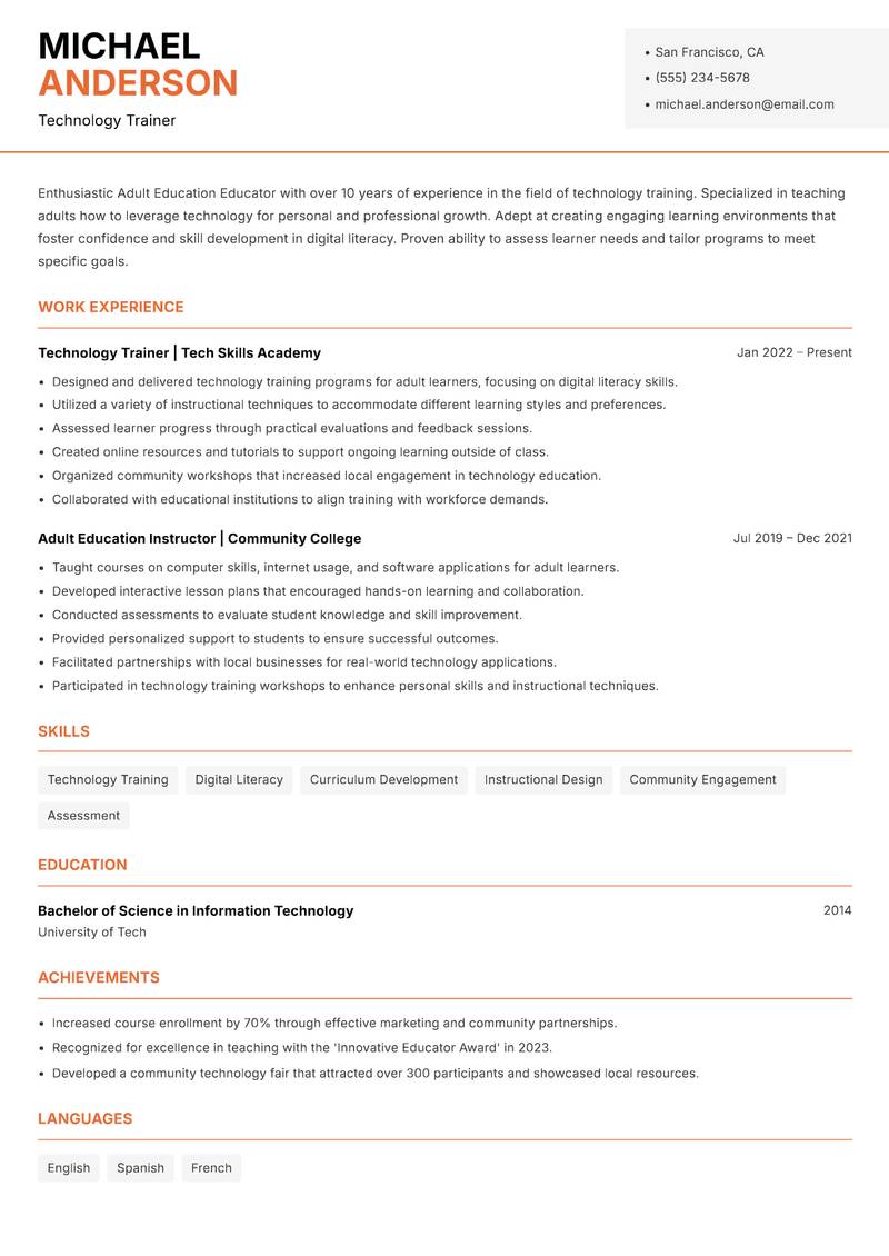 Adult Education Educator Resume Template