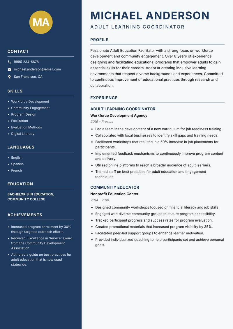 Adult Education Facilitator Resume Preview Example
