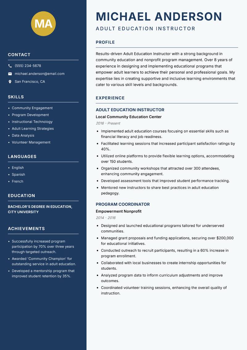 Adult Education Instructor Resume Preview Example