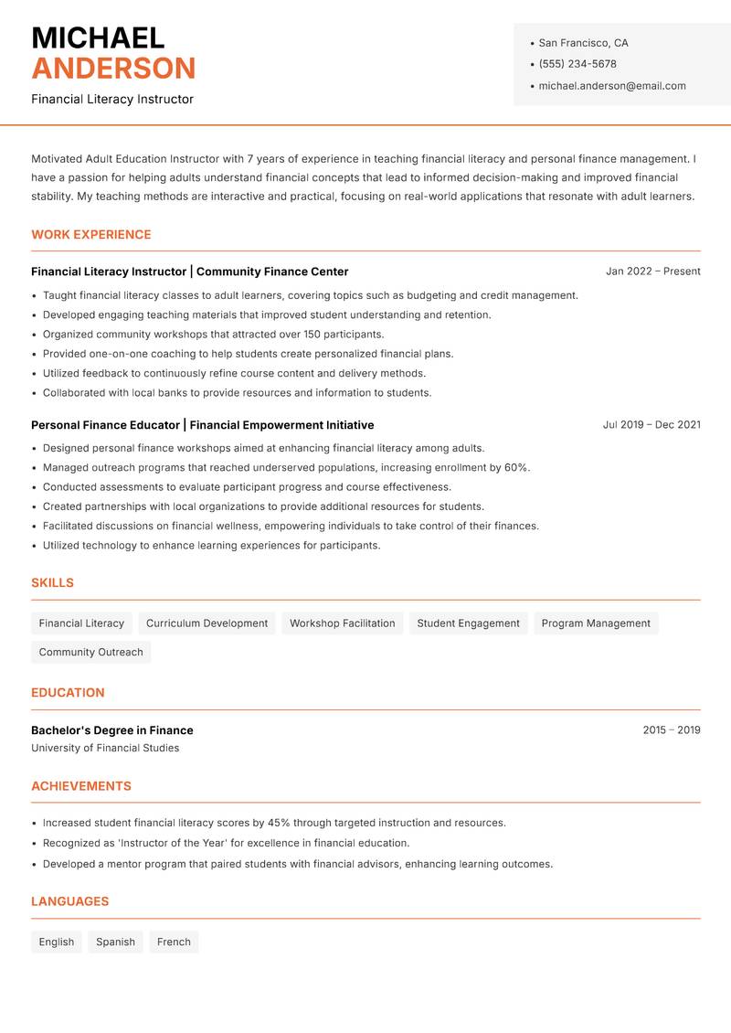 Adult Education Instructor Resume Template