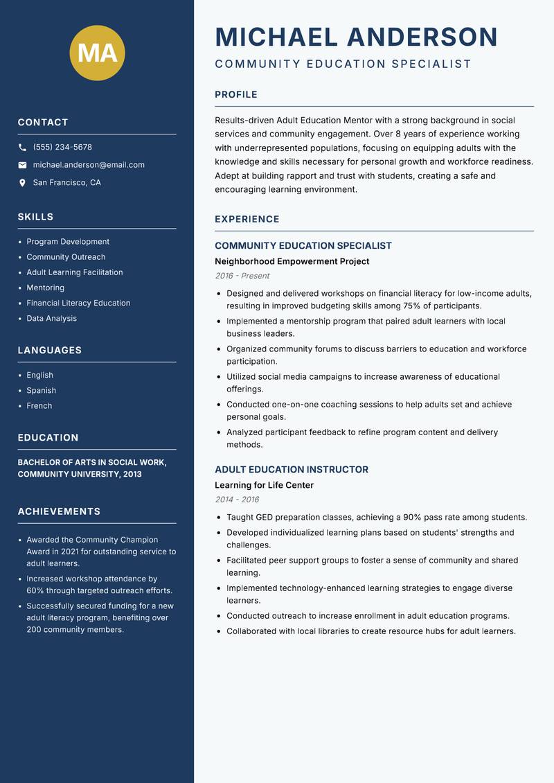 Adult Education Mentor Resume Preview Example
