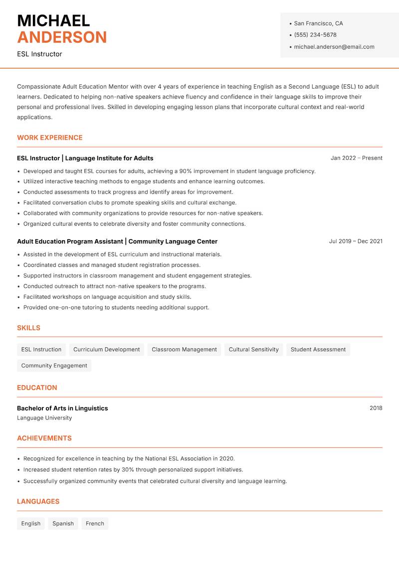 Adult Education Mentor Resume Template