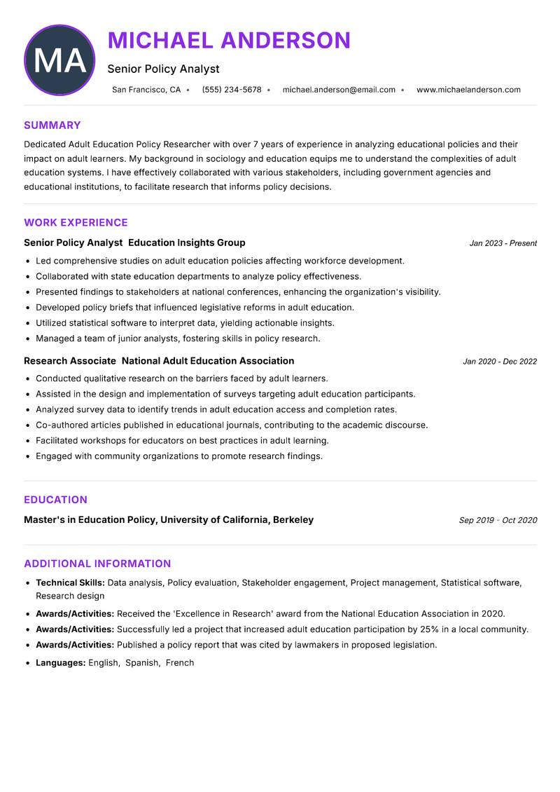 Adult Education Policy Researcher Resume Preview Example