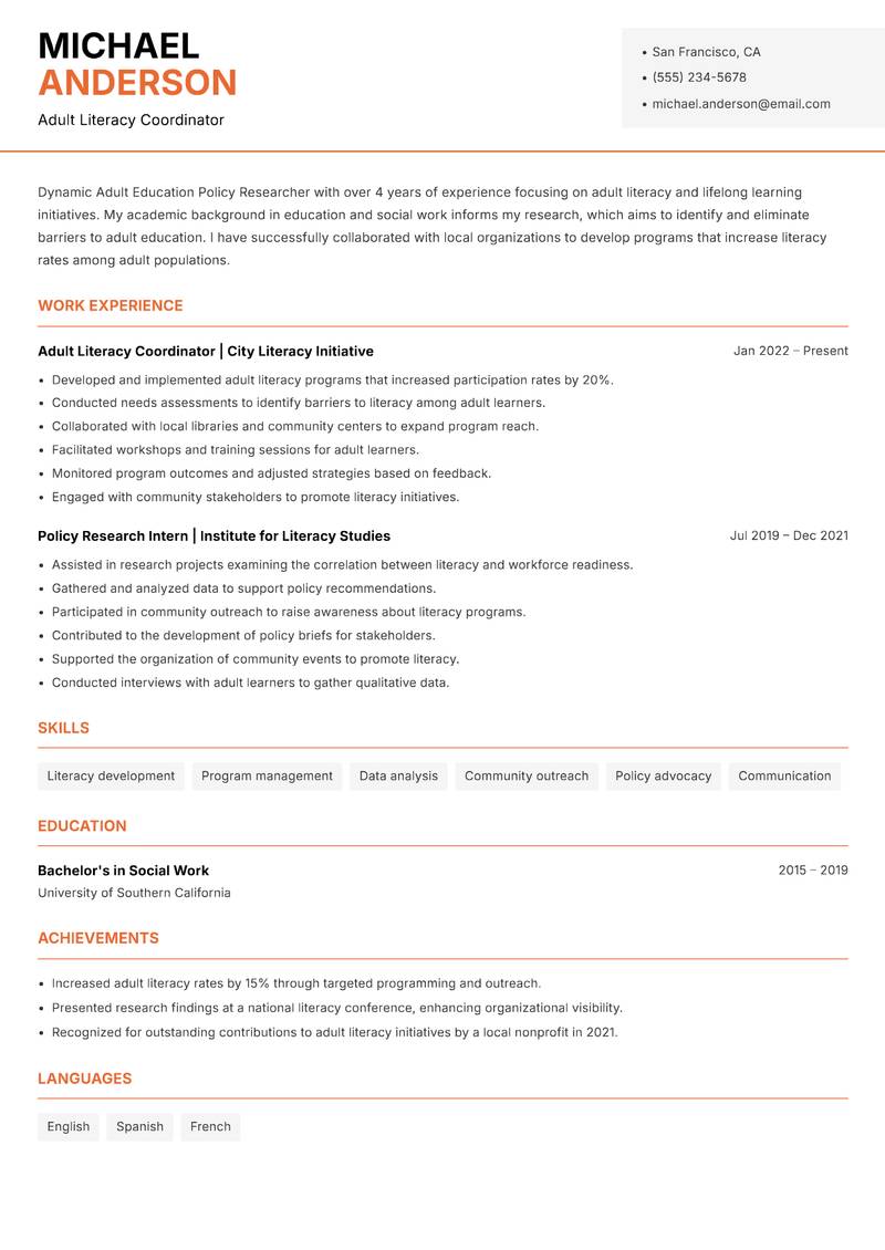 Adult Education Policy Researcher Resume Template