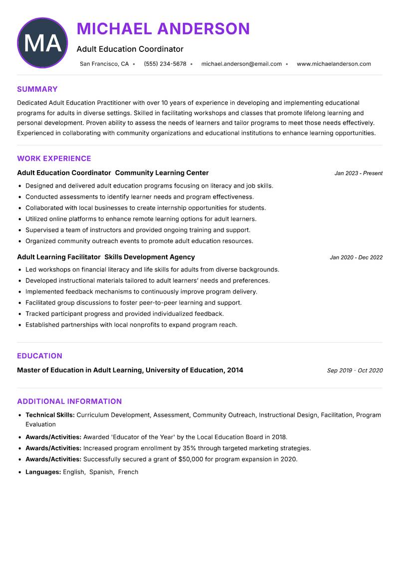Adult Education Practitioner Resume Preview Example