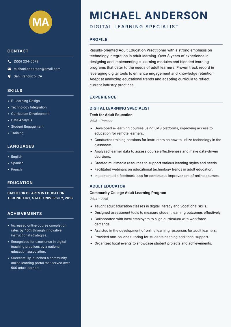 Adult Education Practitioner Resume Preview Example