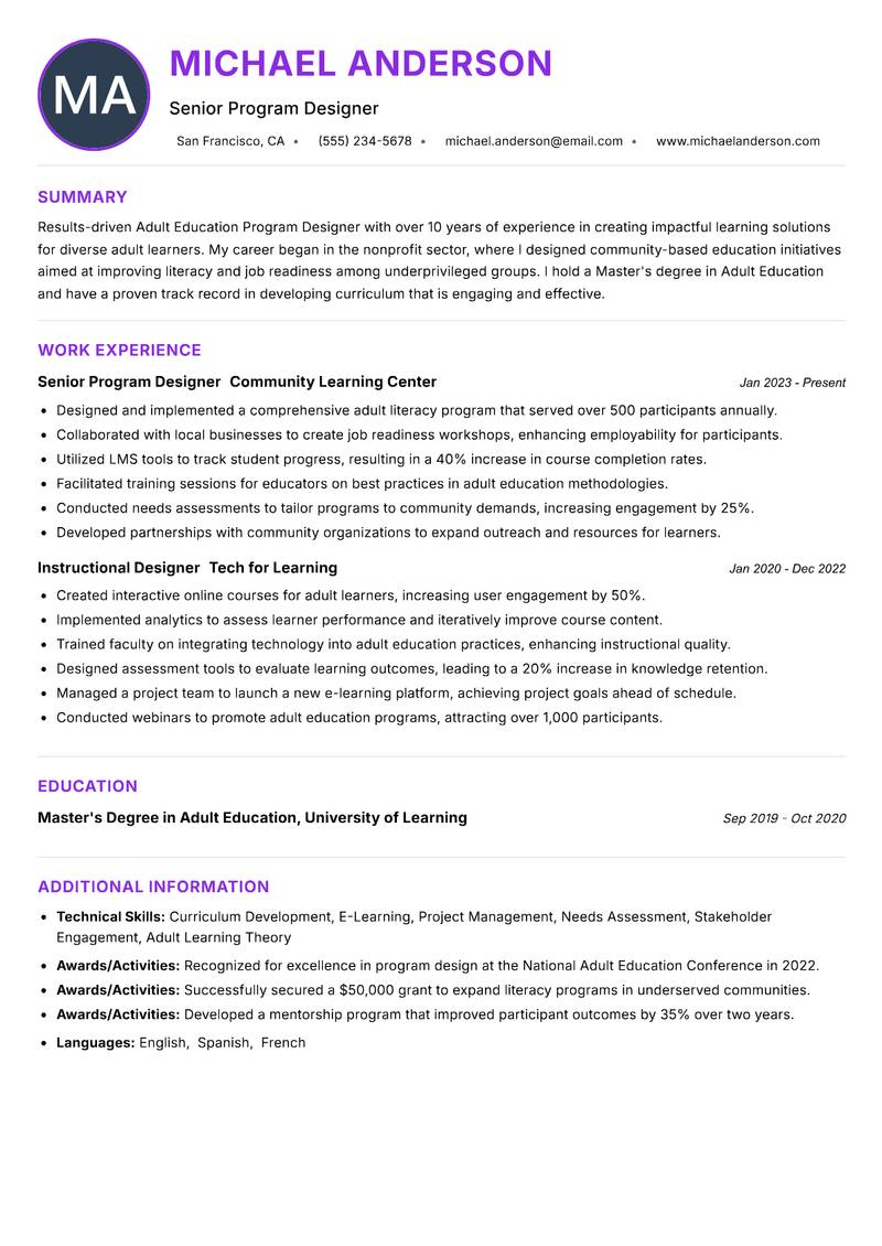 Adult Education Program Designer Resume Preview Example