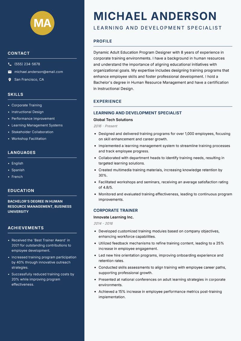 Adult Education Program Designer Resume Preview Example