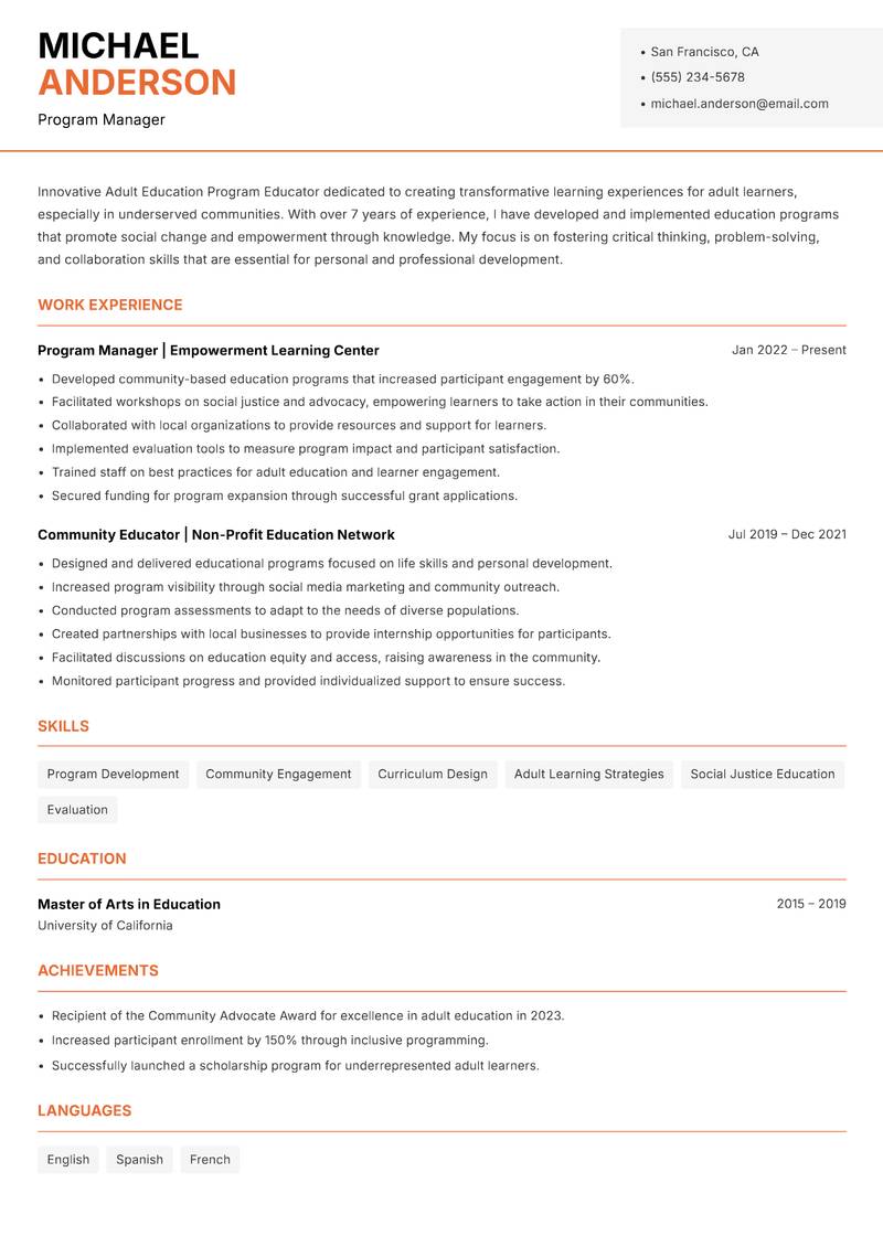 Adult Education Program Educator Resume Template