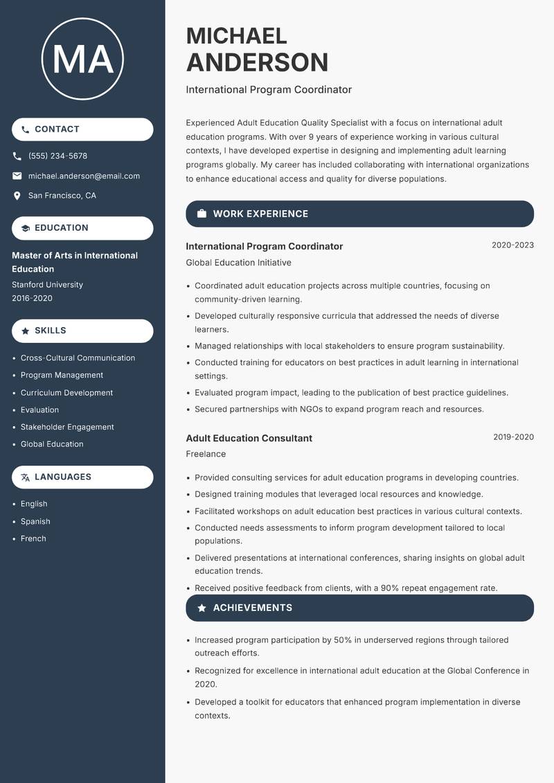 Adult Education Quality Specialist Resume Preview Example