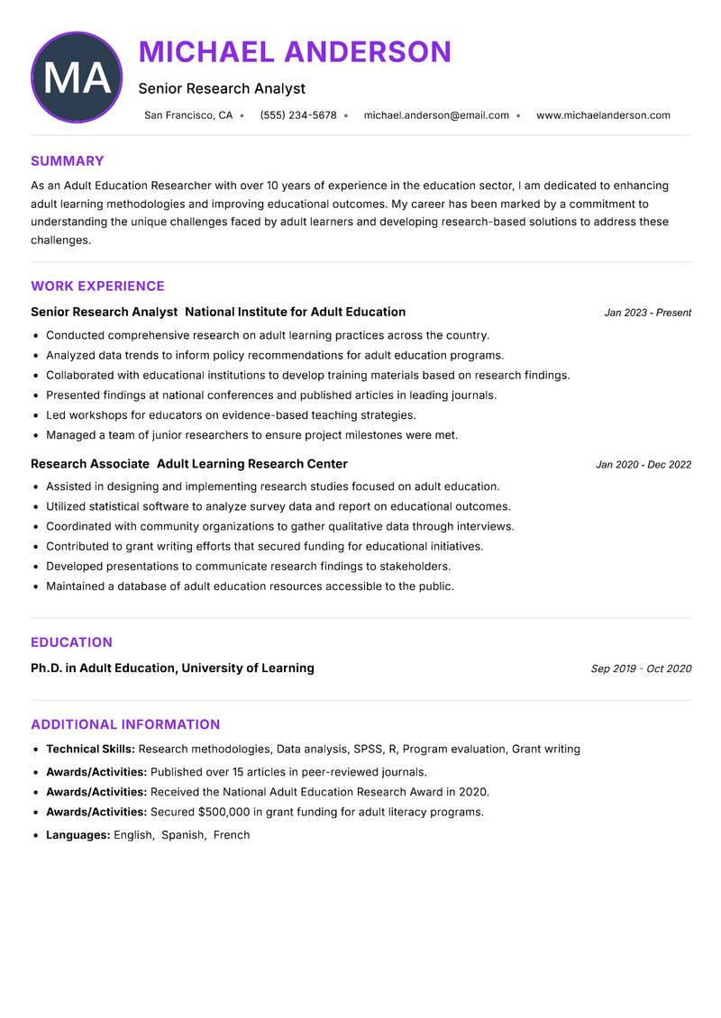Adult Education Researcher Resume Preview Example