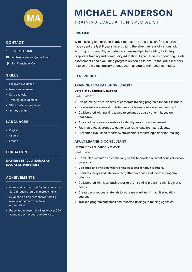 Adult Education Researcher Resume Preview Example