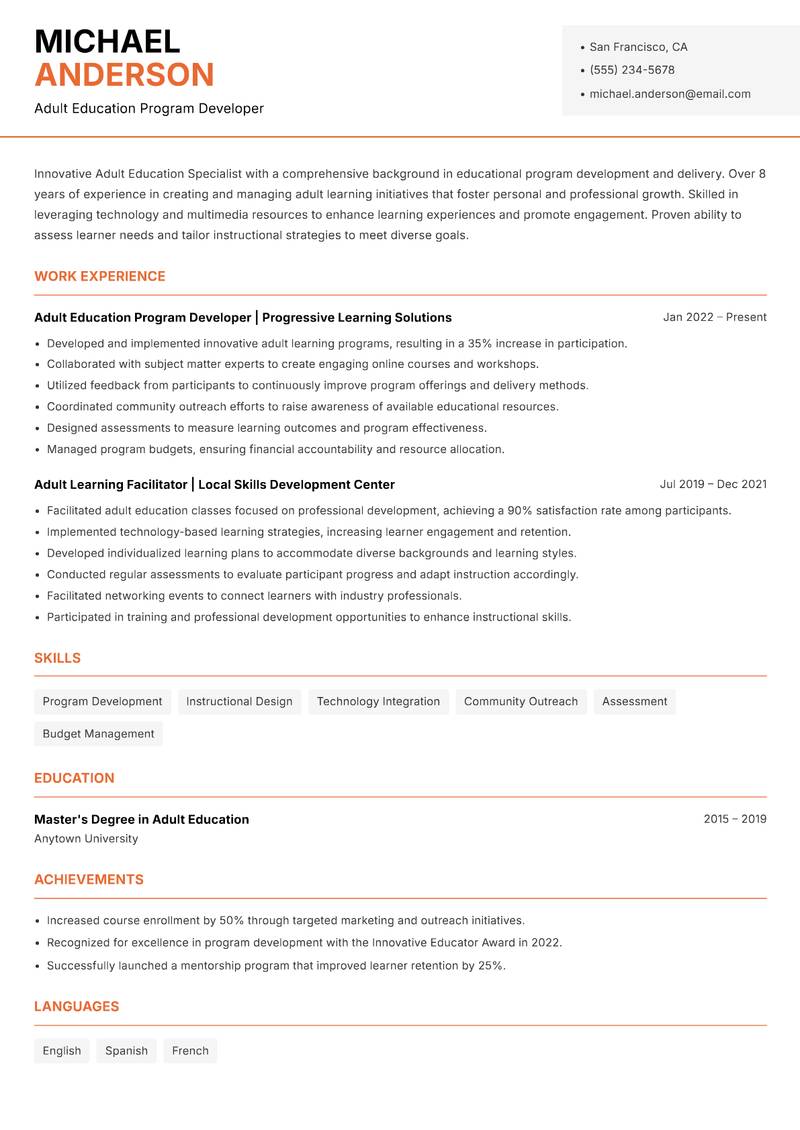 Adult Education Specialist Resume Template