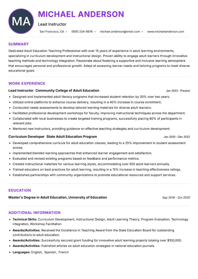 Adult Education Teaching Professional Resume Preview Example