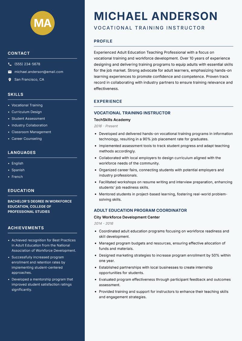 Adult Education Teaching Professional Resume Preview Example