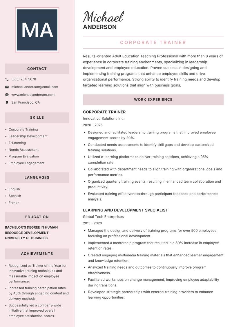Adult Education Teaching Professional Resume Preview Example