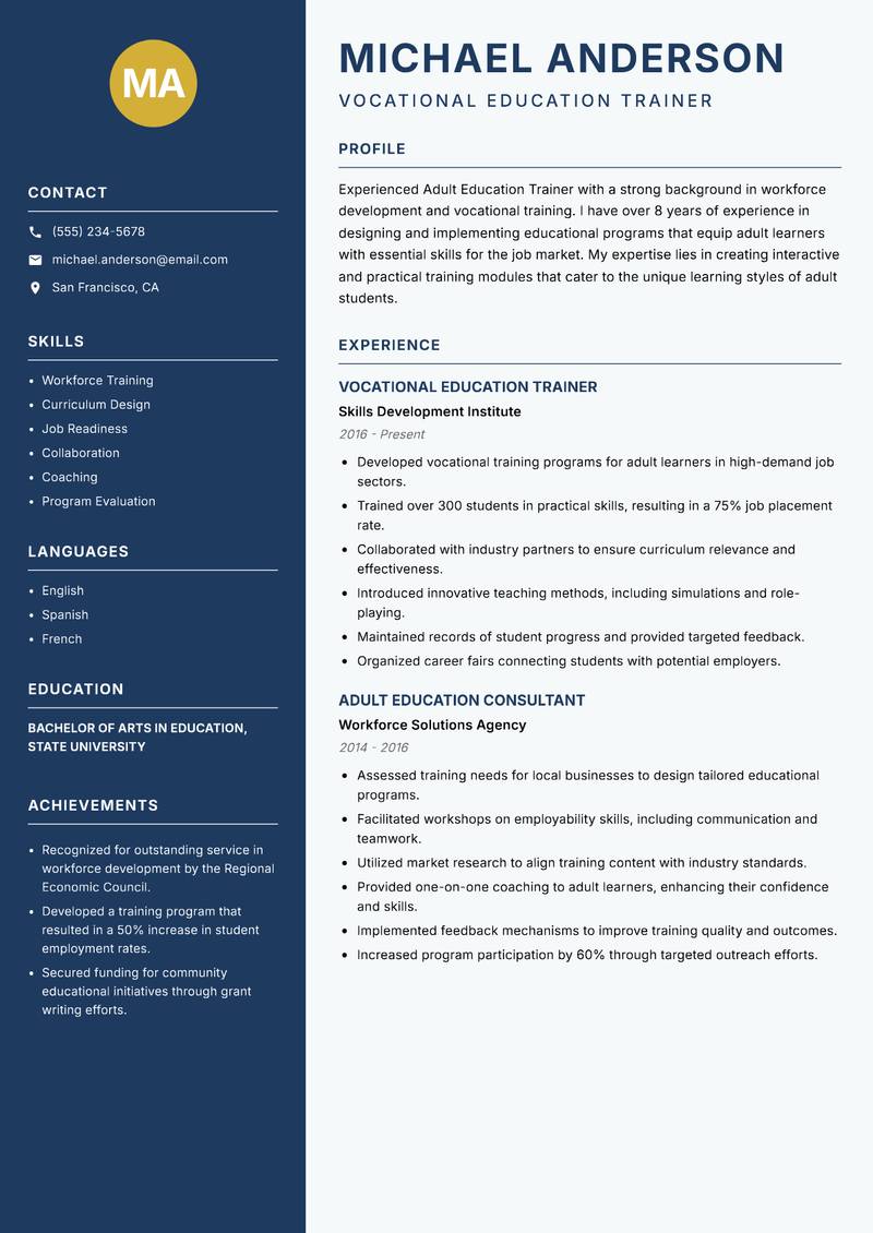 Adult Education Trainer Resume Preview Example