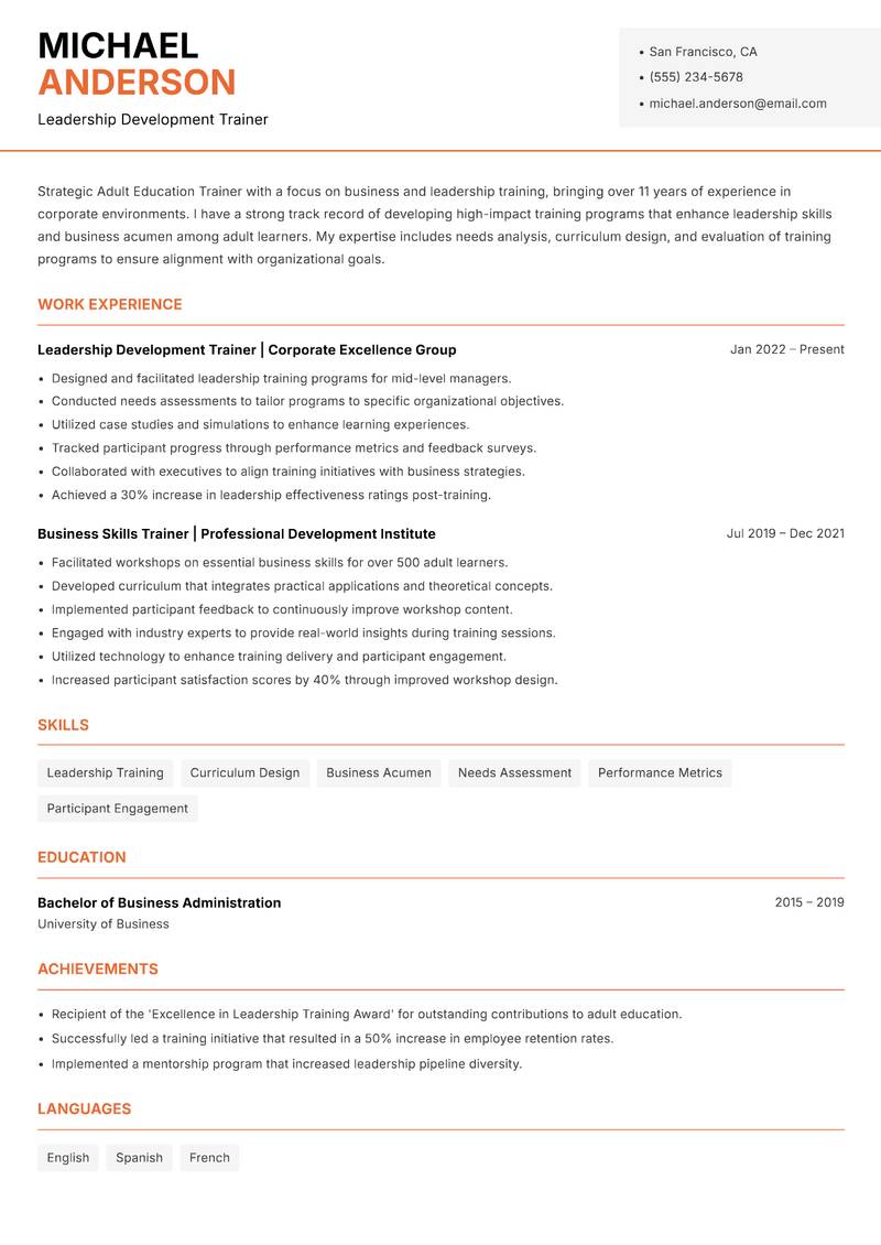 Adult Education Trainer Resume Template