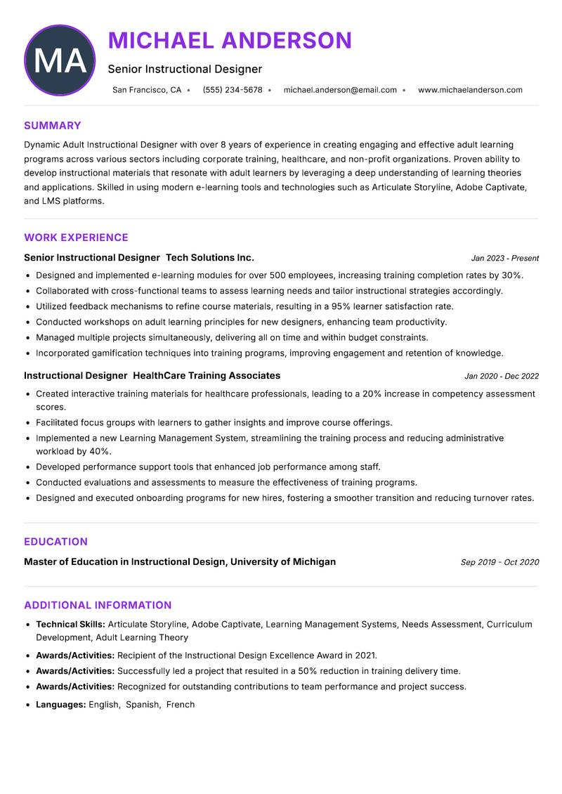 Adult Instructional Designer Resume Preview Example