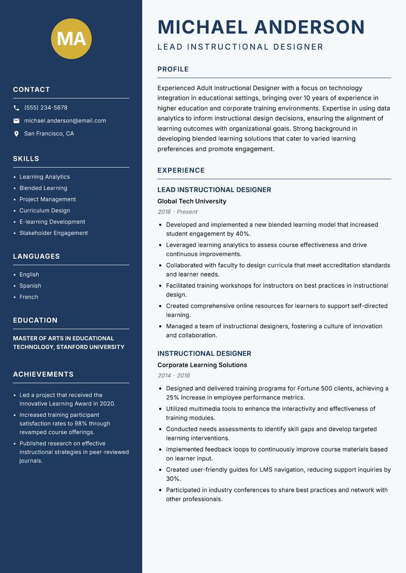 Adult Instructional Designer Resume Preview Example