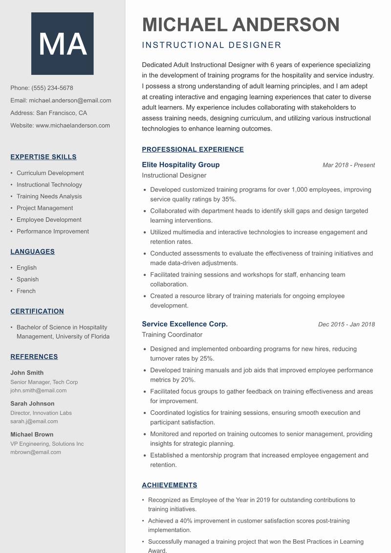 Adult Instructional Designer Resume Preview Example