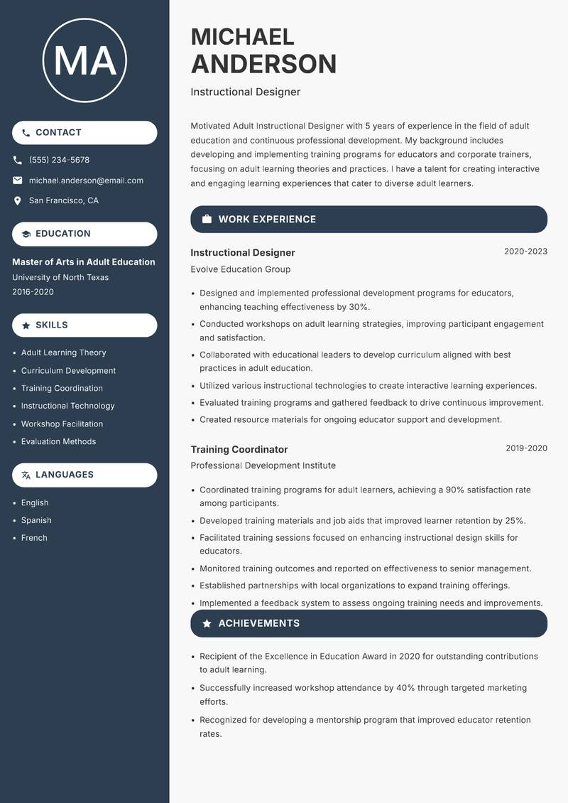 Adult Instructional Designer Resume Preview Example