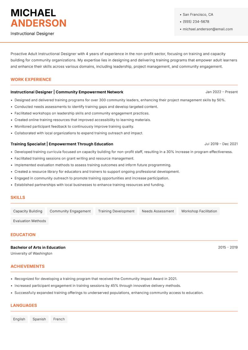 Adult Instructional Designer Resume Template