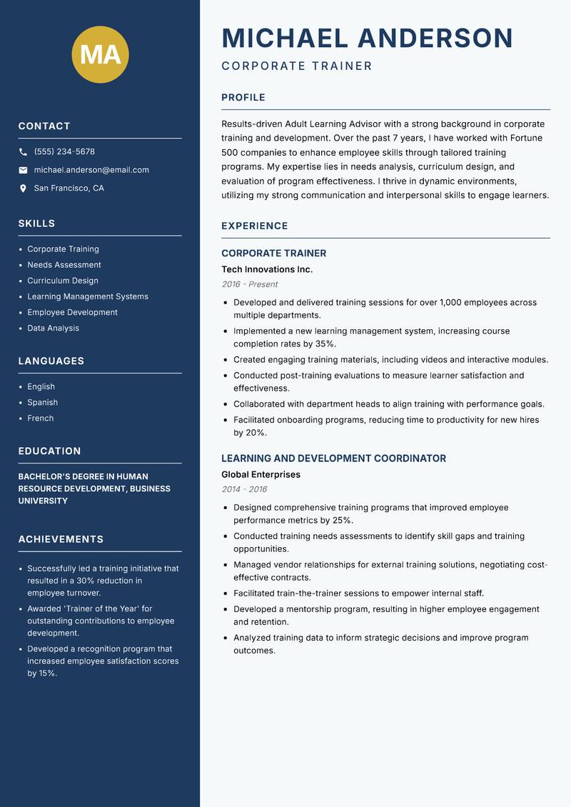 Adult Learning Advisor Resume Preview Example