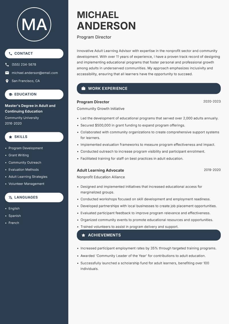 Adult Learning Advisor Resume Preview Example