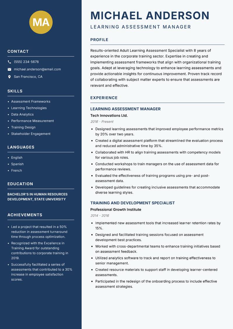 Adult Learning Assessment Specialist Resume Preview Example