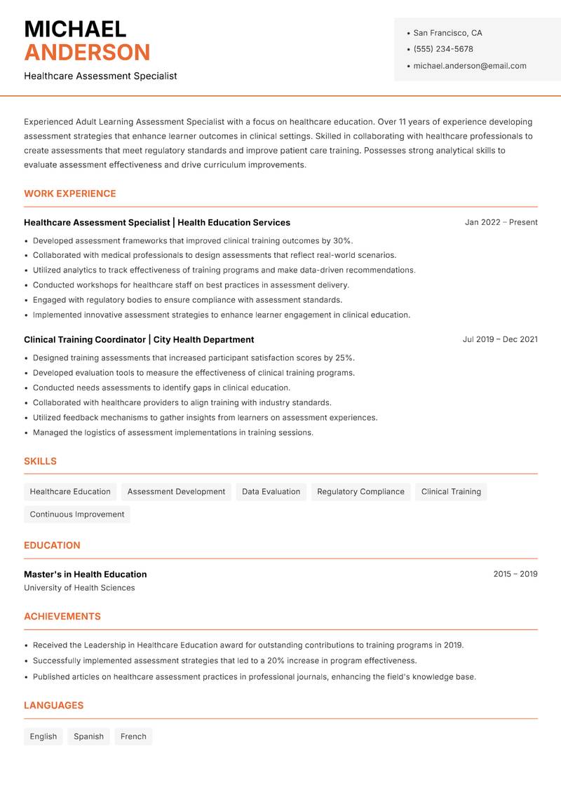 Adult Learning Assessment Specialist Resume Template