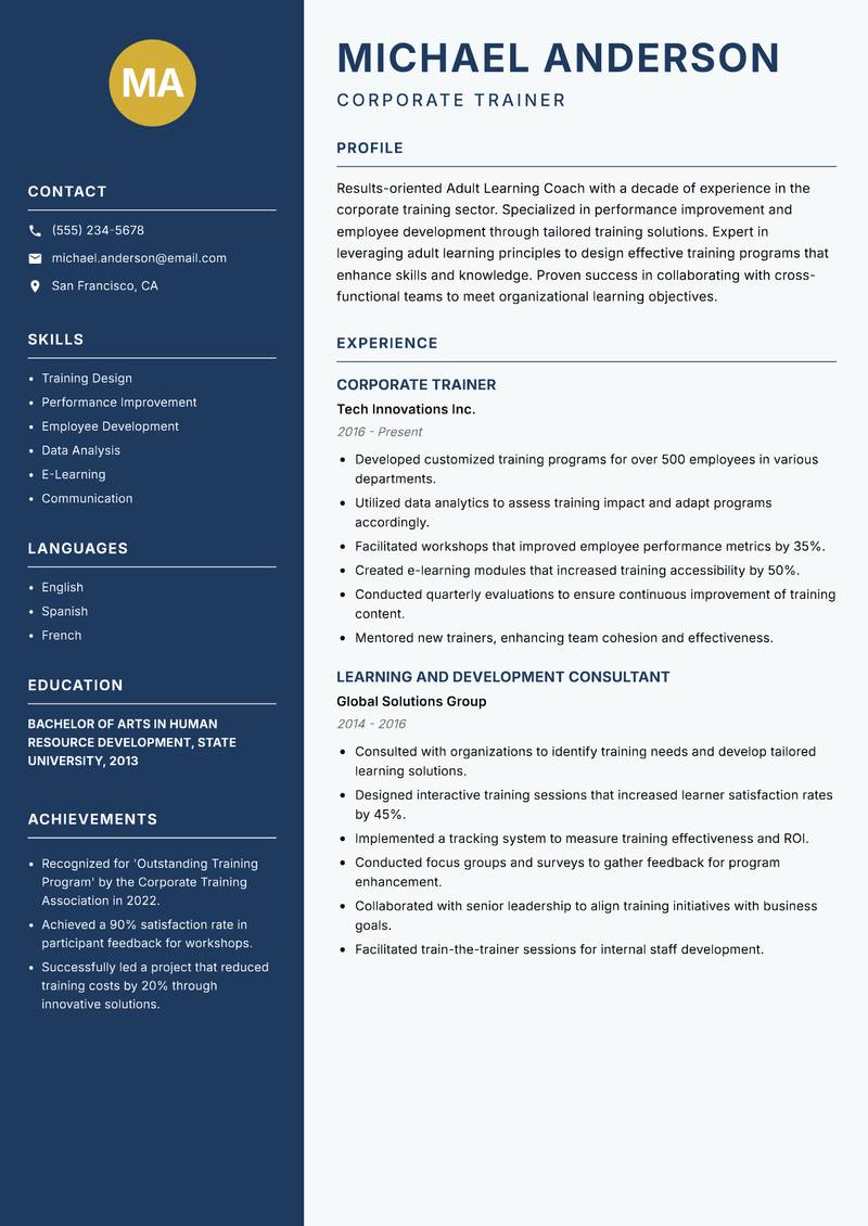 Adult Learning Coach Resume Preview Example